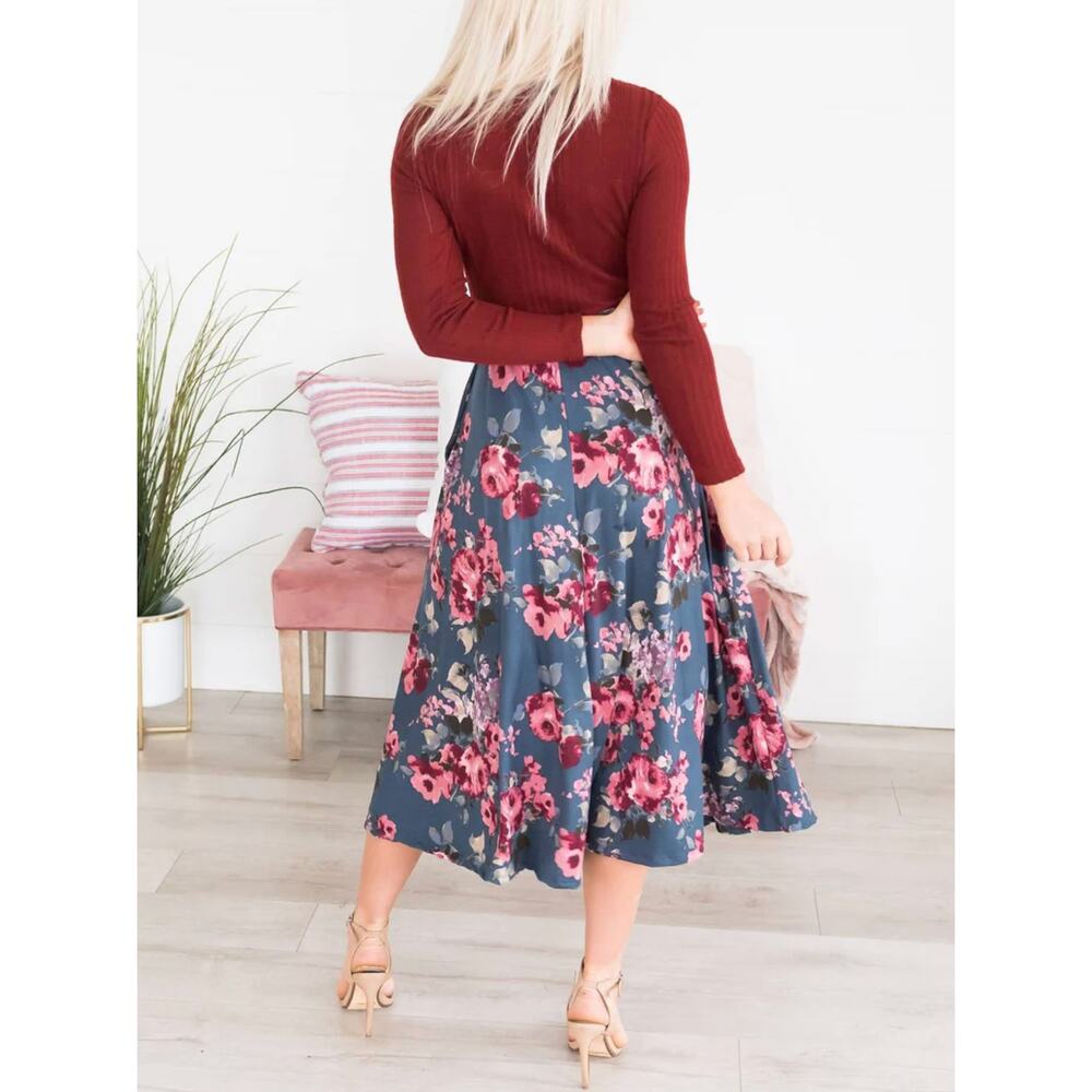 Reb. in J Red Floral Tie Waist Sweater Midi Dress Office Teacher Casual Sz L NWT - Picture 4 of 4